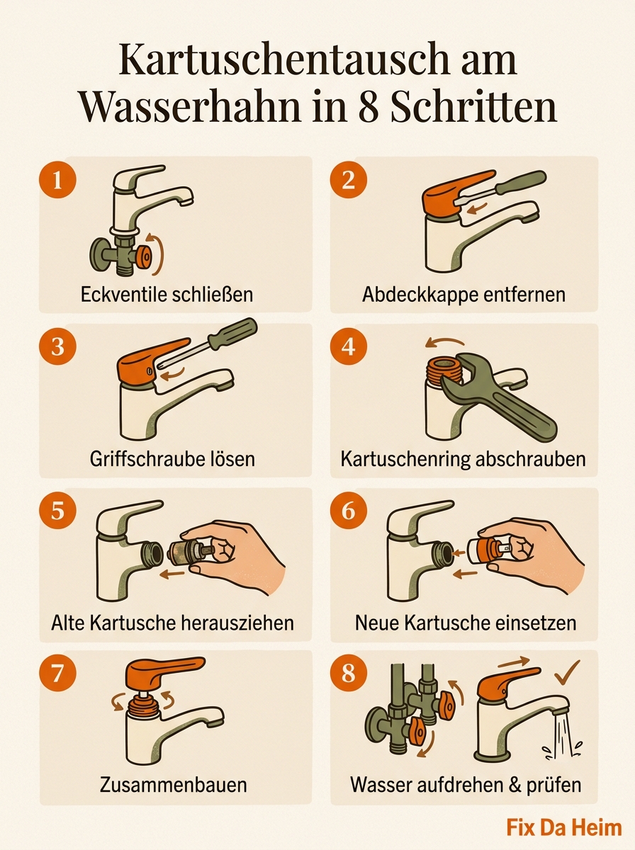 Wasserhahn Kartusche wechseln: Anleitung in 8 Schritten (2026) 11 Infografik: Wasserhahn Kartusche wechseln in 8 Schritten