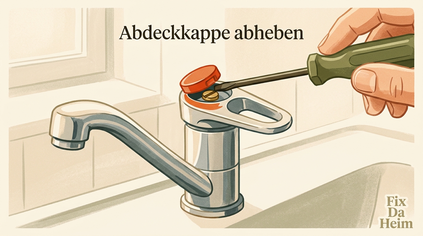 Wasserhahn Kartusche wechseln: Anleitung in 8 Schritten (2026) 4 Abdeckkappe am Wasserhahn-Griff mit Schraubenzieher entfernen