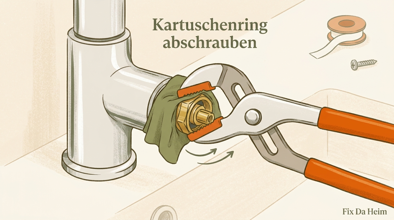 Wasserhahn Kartusche wechseln: Anleitung in 8 Schritten (2026) 6 Kartuschenring am Wasserhahn mit Zange und Lappen abschrauben