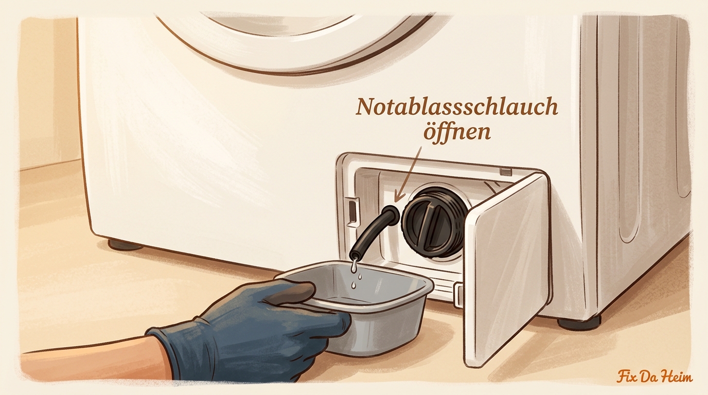 Waschmaschine pumpt nicht ab (2026) – 5 Ursachen & Fixes 3 Hand öffnet Notablassschlauch an der Waschmaschine