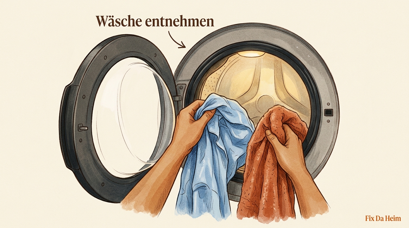 Waschmaschine pumpt nicht ab (2026) – 5 Ursachen & Fixes 4 Hände nehmen Wäsche aus der Waschtrommel heraus