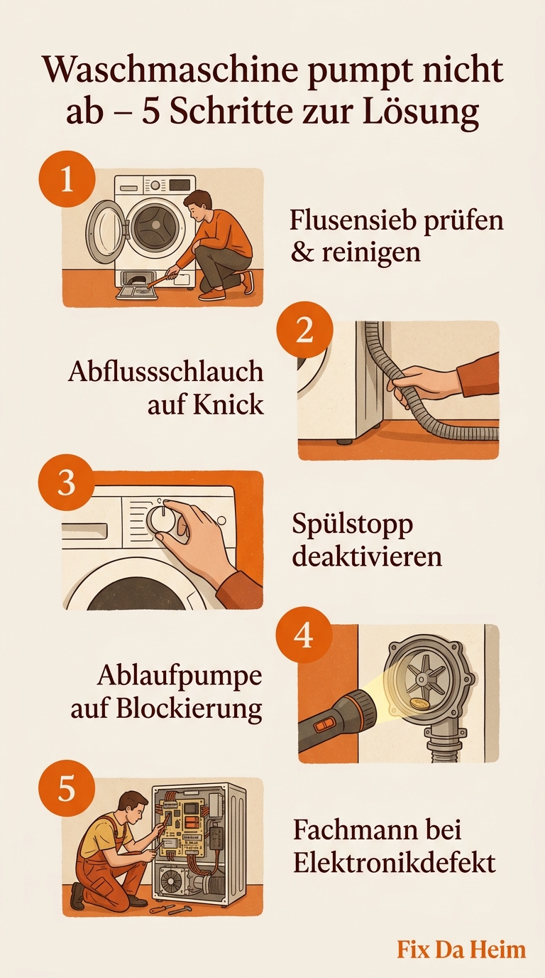 Waschmaschine pumpt nicht ab (2026) – 5 Ursachen & Fixes 16 Infografik: Waschmaschine pumpt nicht ab – 5 Diagnose-Schritte im Überblick