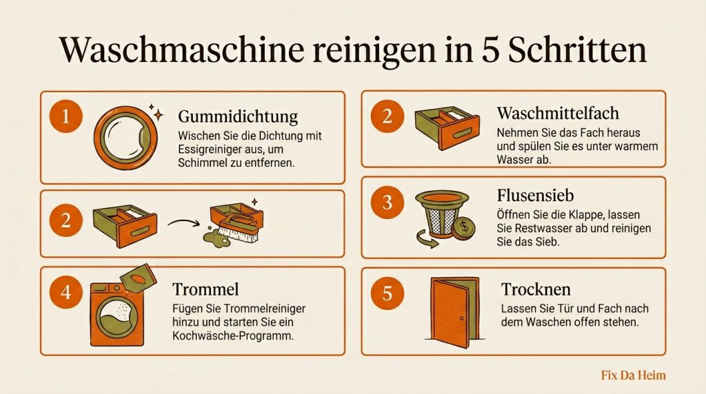 Infografik: Waschmaschine reinigen mit Hausmitteln – alle 5 Schritte im Überblick