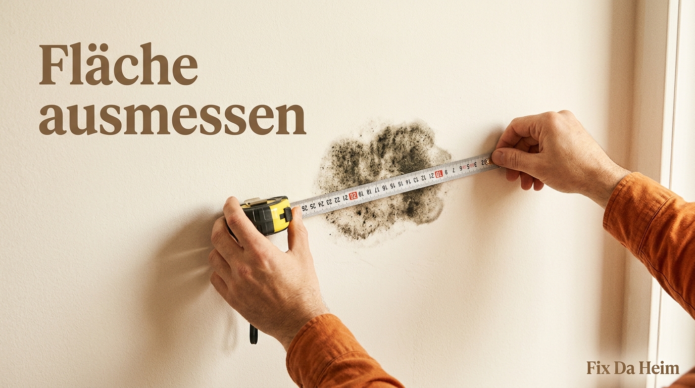 Schimmel im Schlafzimmer (2026): Wie gefährlich ist das – und was tust du jetzt? 3 Maßband an einem Schimmelfleck an der Wand – Größenbestimmung 0,5 m²