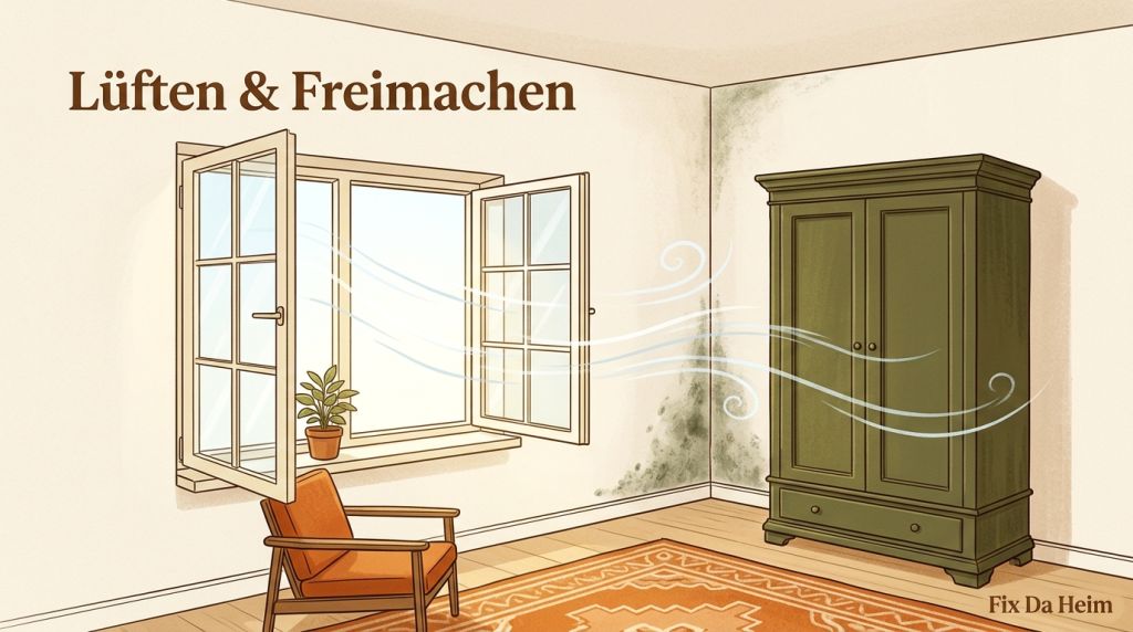 Geöffnetes Fenster in Wohnzimmer vor Schimmelentfernung, Möbel von Außenwand gerückt