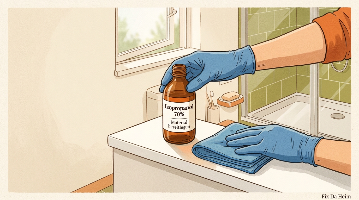 Schimmel im Bad entfernen (2026): Silikonfuge & Fliesen sauber 2 Isopropylalkohol und Nitrilhandschuhe auf einem Handtuch neben der Dusche bereitgelegt