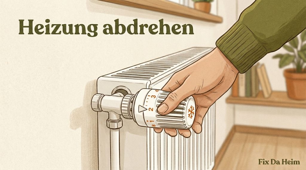 Hand dreht Heizkörperthermostat vor dem Lüften zu — Heizung abdrehen vor dem Stoßlüften gegen Schimmel