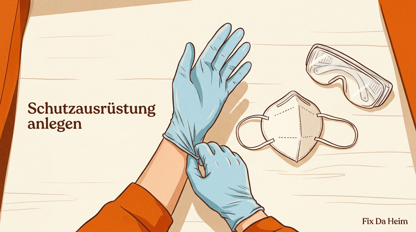 Schimmelentferner Test 2026: Welches Mittel wirklich wirkt 2 Schutzausrüstung für Schimmelentfernung — FFP2-Maske, Nitrilhandschuhe, Schutzbrille auf Arbeitsunterlage