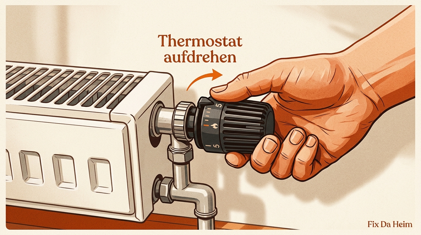Hand dreht Thermostatventil am Heizkörper voll auf