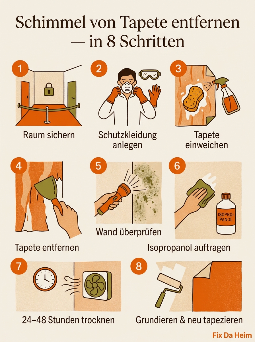 Schimmel unter Tapete entfernen (2026) – Anleitung & Mietrecht 13 Schimmel unter Tapete entfernen – Infografik alle Schritte