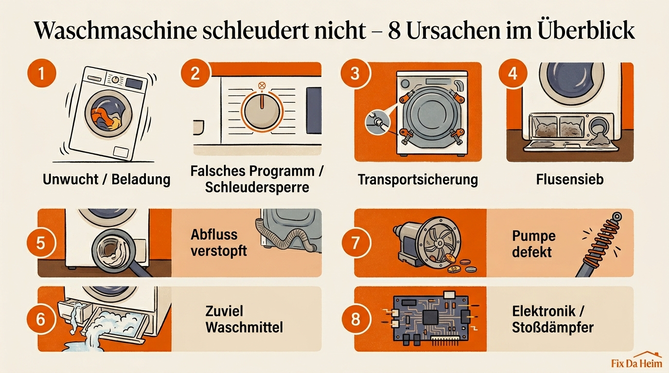Waschmaschine schleudert nicht (2026) – 8 Ursachen & Lösungen 17 Waschmaschine schleudert nicht – Infografik alle 8 Ursachen
