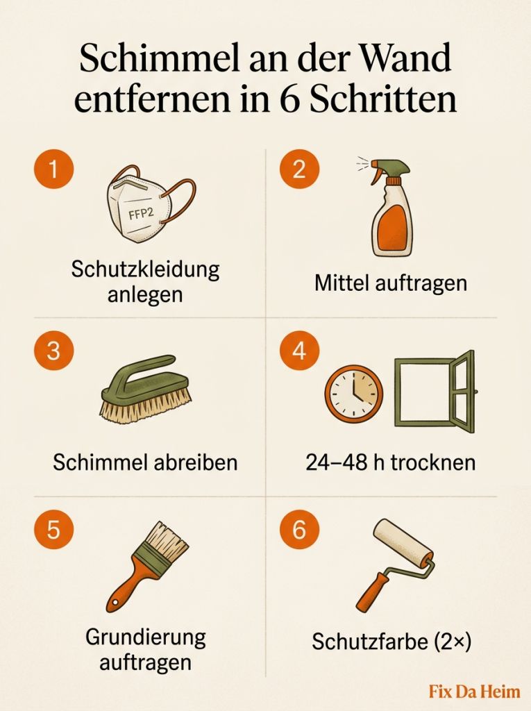 Schimmel an der Wand entfernen: Was wirklich hilft (+ Mietrecht) 17 Infografik Schimmel an der Wand entfernen in 6 Schritten