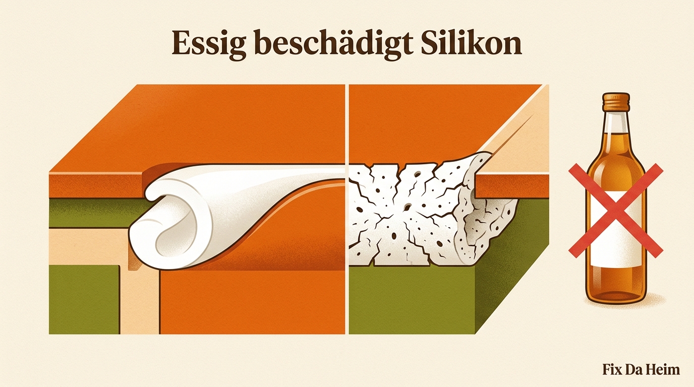 Schimmel im Bad entfernen (2026): Silikonfuge & Fliesen sauber 3 Essigflasche mit rotem Warnsymbol neben einer rissigen Silikonfuge