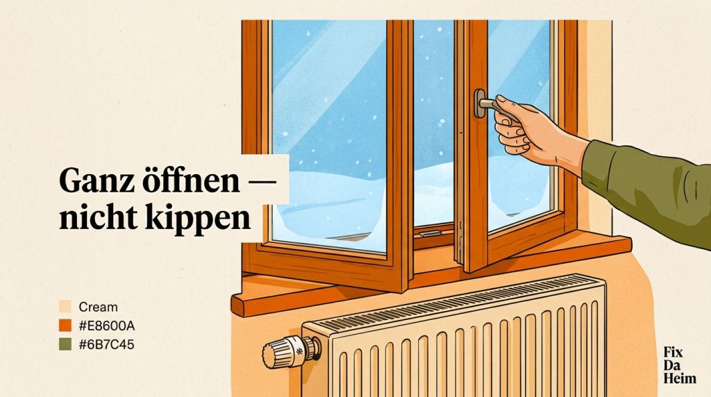 Weit geöffnetes Fenster im Wohnzimmer — Fenster komplett öffnen beim Stoßlüften, nicht nur ankippen