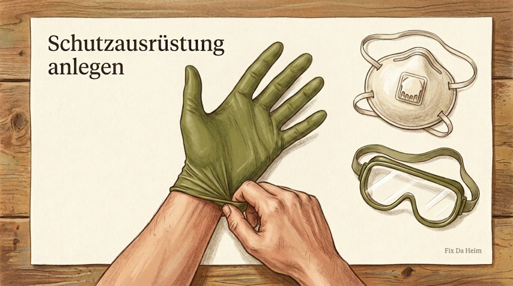 Person legt Atemschutzmaske P2 und Nitrilhandschuhe an für die Schimmelentfernung