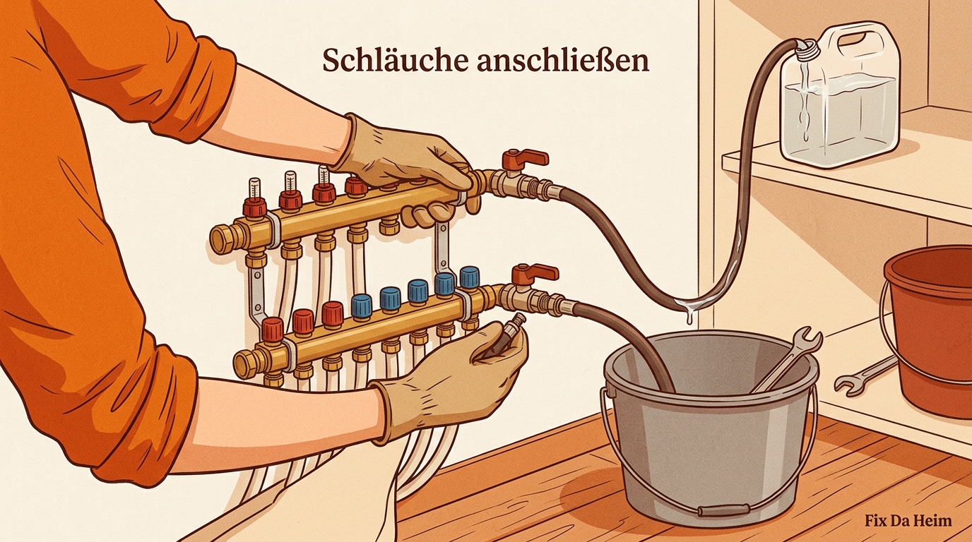 Fußbodenheizung entlüften: Schritt-für-Schritt-Anleitung 7 Zwei Schläuche an KFE-Hähnen angeschlossen, Auffangbehälter auf dem Boden — Fußbodenheizung entlüften Schritt 2