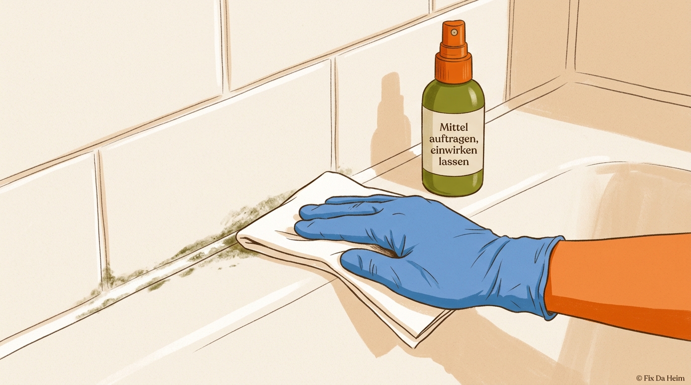 Schimmel im Bad entfernen (2026): Silikonfuge & Fliesen sauber 4 Alkohol wird mit Tuch auf schwarze Schimmelflecken der Silikonfuge aufgetragen