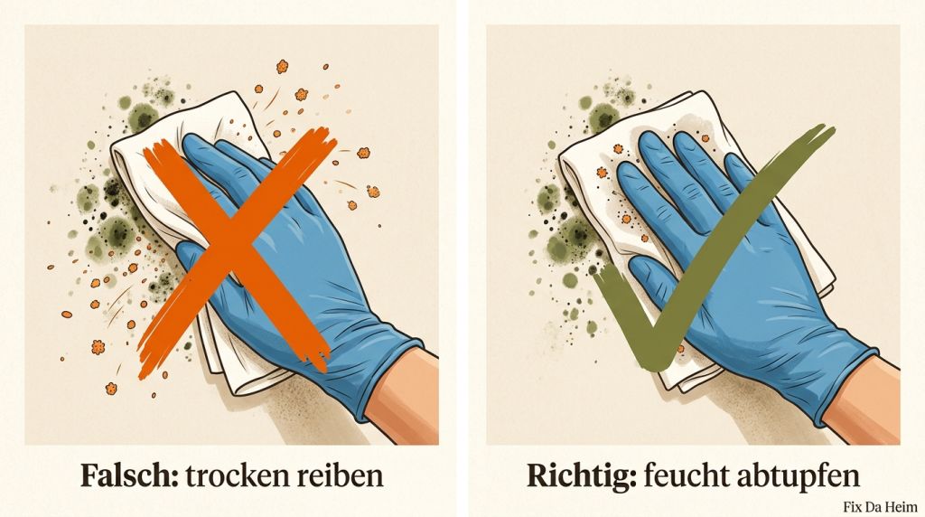 Vergleich: trockenes Tuch verteilt Schimmelsporen, feuchtes Tuch entfernt sie sicher