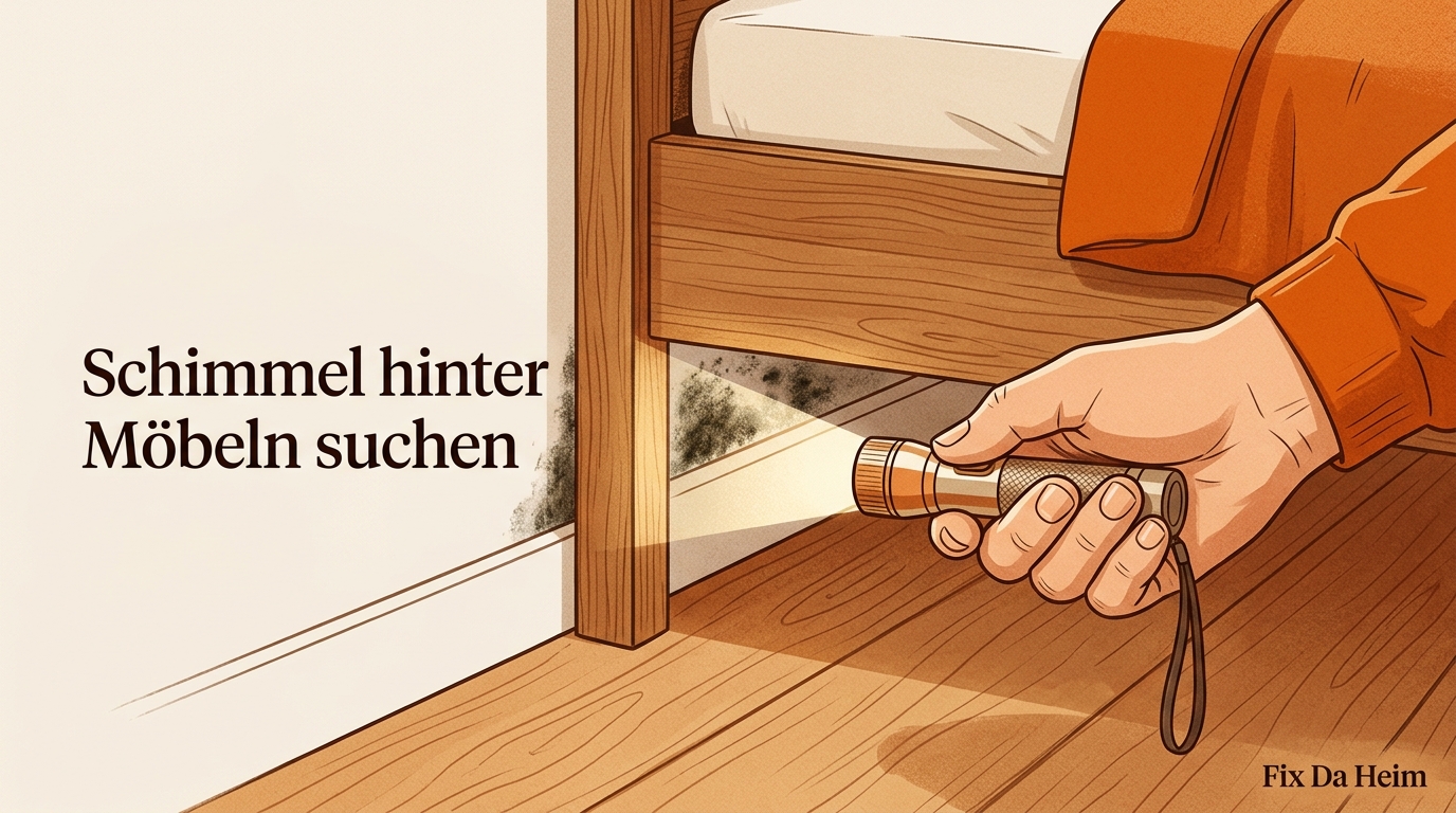 Schimmelpilzallergie: 7 Symptome + Handlungsplan für Mieter 9 Schimmelfleck hinter Bett an Außenwand, Taschenlampe beleuchtet ihn – Schimmel hinter Möbeln entdecken bei Schimmelpilzallergie