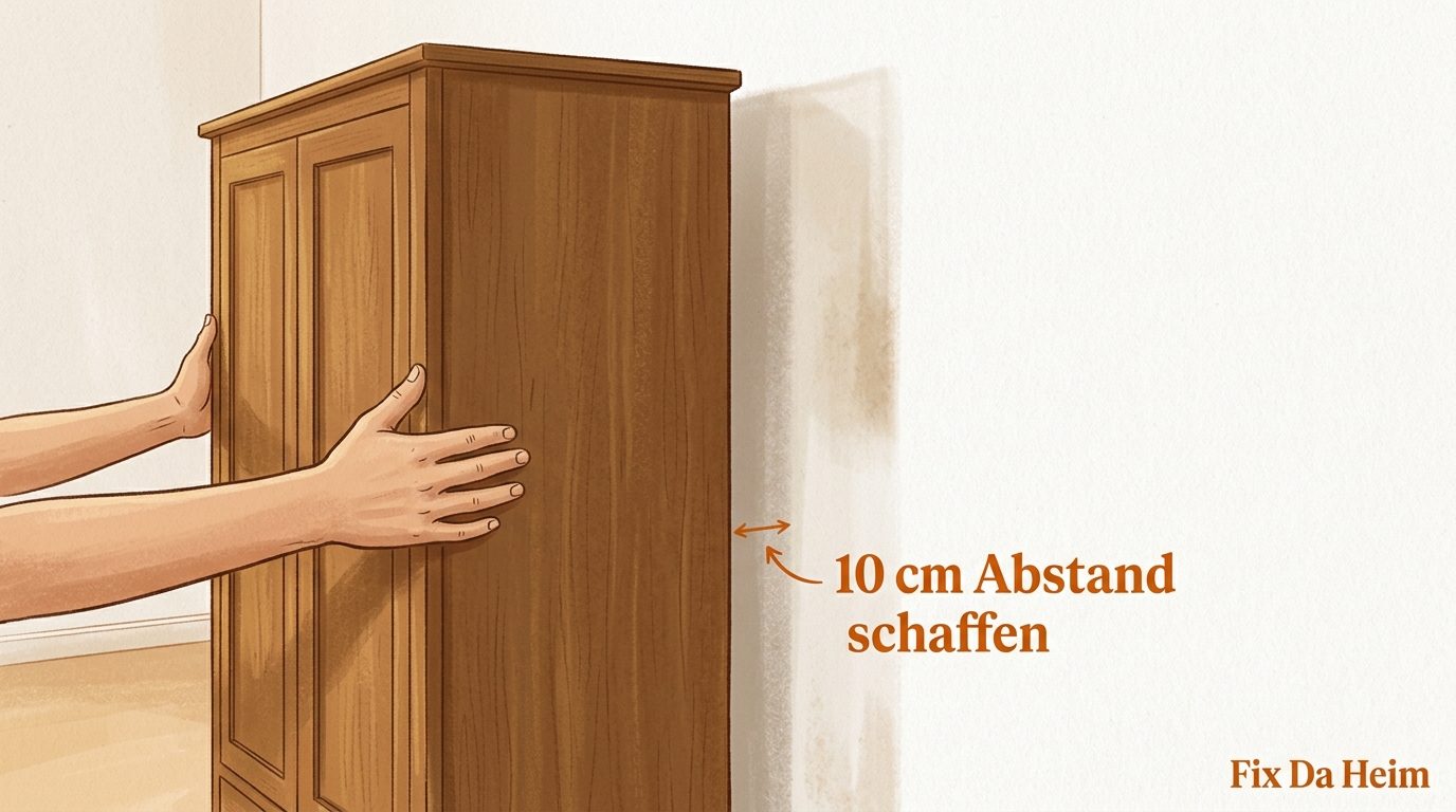 Schimmel im Schlafzimmer (2026): Wie gefährlich ist das – und was tust du jetzt? 2 Schrank mit und ohne 10-cm-Wandabstand – Luftzirkulation im Vergleich