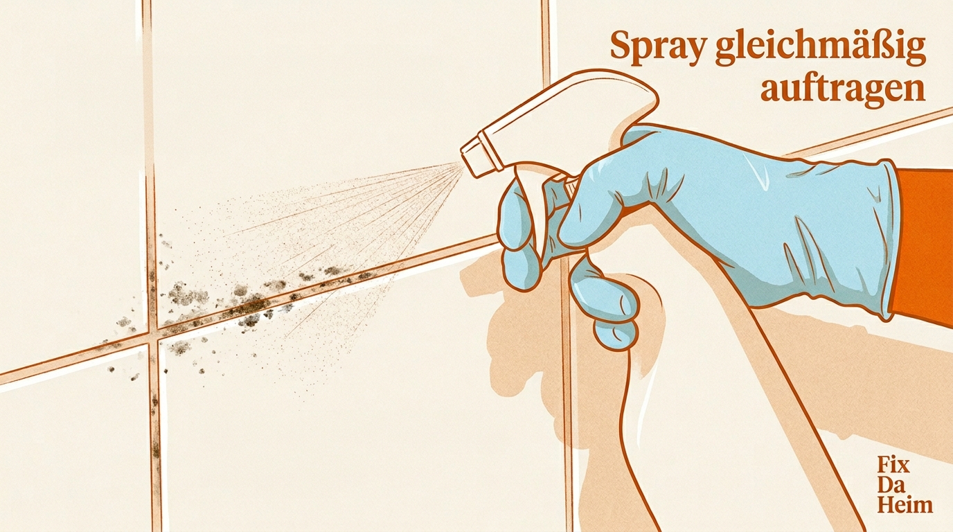 Schimmelentferner Test 2026: Welches Mittel wirklich wirkt 4 Gleichmäßiges Auftragen von Schimmelentferner-Spray auf Duschfuge aus ca. 15 cm Abstand