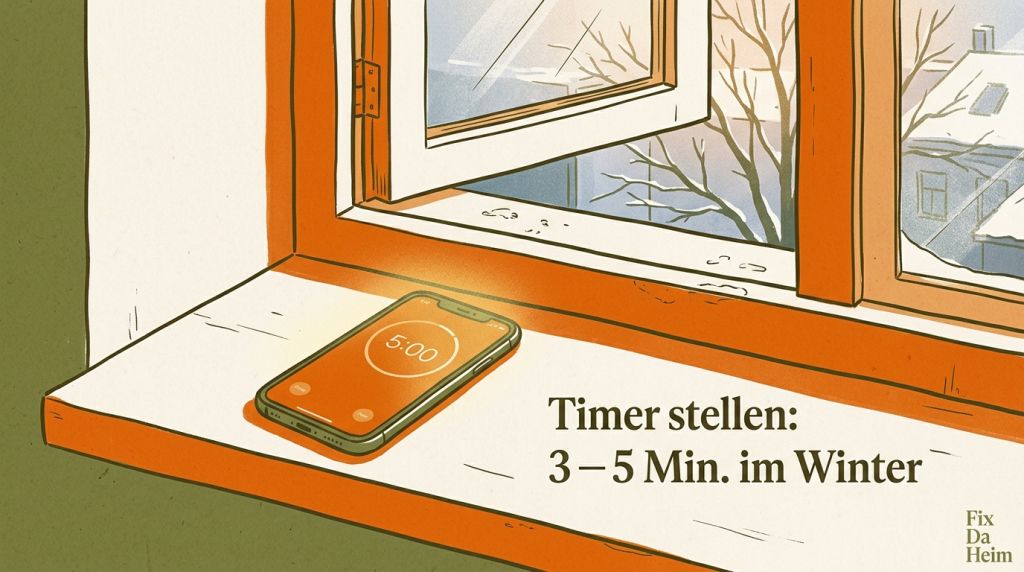 Smartphone mit Timer neben geöffnetem Fenster im Winter — Lüftungsdauer beim richtig Lüften im Winter und Sommer