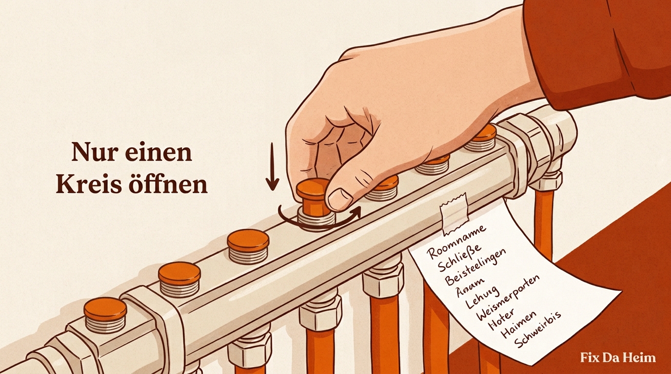 Fußbodenheizung entlüften: Schritt-für-Schritt-Anleitung 9 Heizkreisverteiler mit geschlossenen Ventilen, eines offen — Fußbodenheizung entlüften Schritt 3