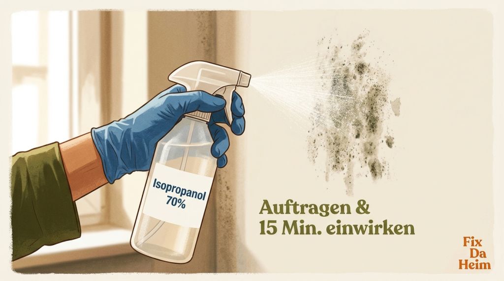 Sprühflasche mit Isopropylalkohol wird auf Schimmelstelle in der Wohnung aufgetragen