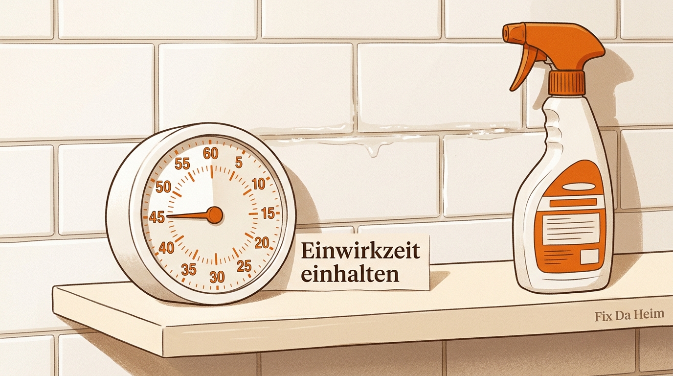 Schimmelentferner Test 2026: Welches Mittel wirklich wirkt 5 Küchentimer auf 30 Minuten gestellt neben Schimmelentferner-Flasche