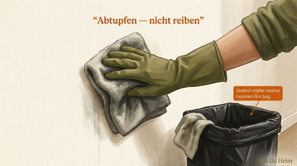 Schimmel in der Wohnung: Ursachen, Risiken & Entfernen (2026) 6 Mikrofasertuch tupft (nicht reibt) auf behandelter Schimmelstelle in der Wohnung