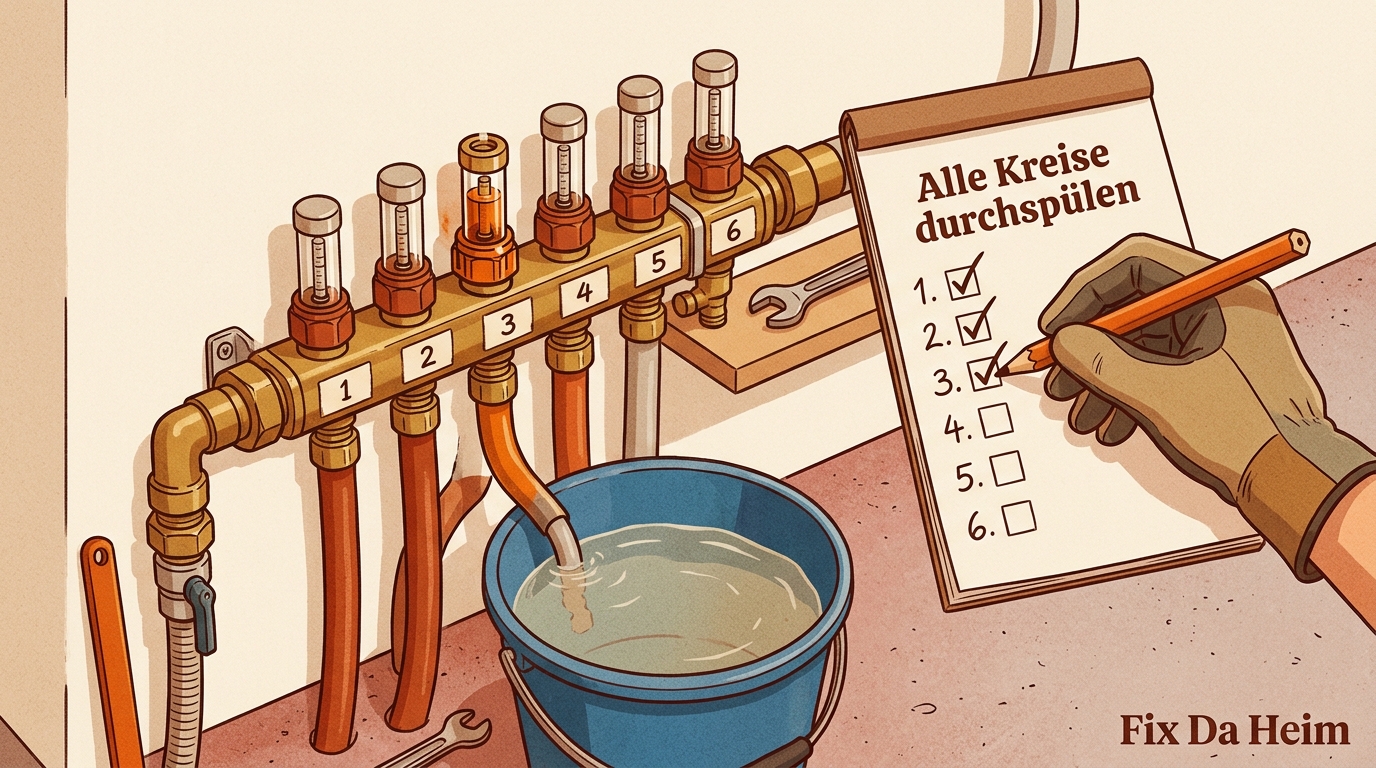 Fußbodenheizung entlüften: Schritt-für-Schritt-Anleitung 11 Heizkreisverteiler mit Nummerierung der Ventile, handschriftliche Liste — Fußbodenheizung entlüften Schritt 5