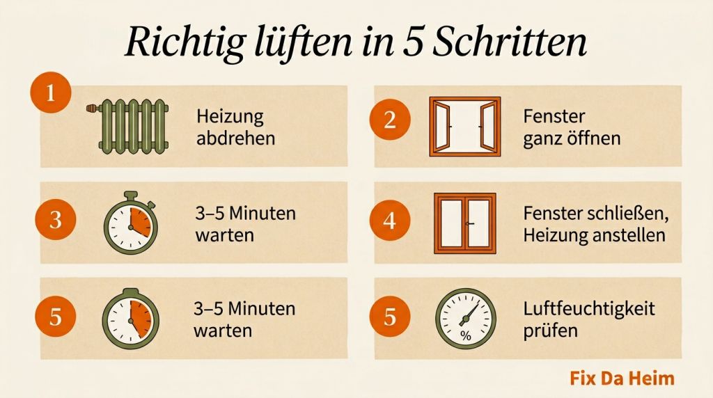 Infografik: Richtig lüften in 5 Schritten — Stoßlüften gegen Schimmel von Heizung abdrehen bis Hygrometer kontrollieren