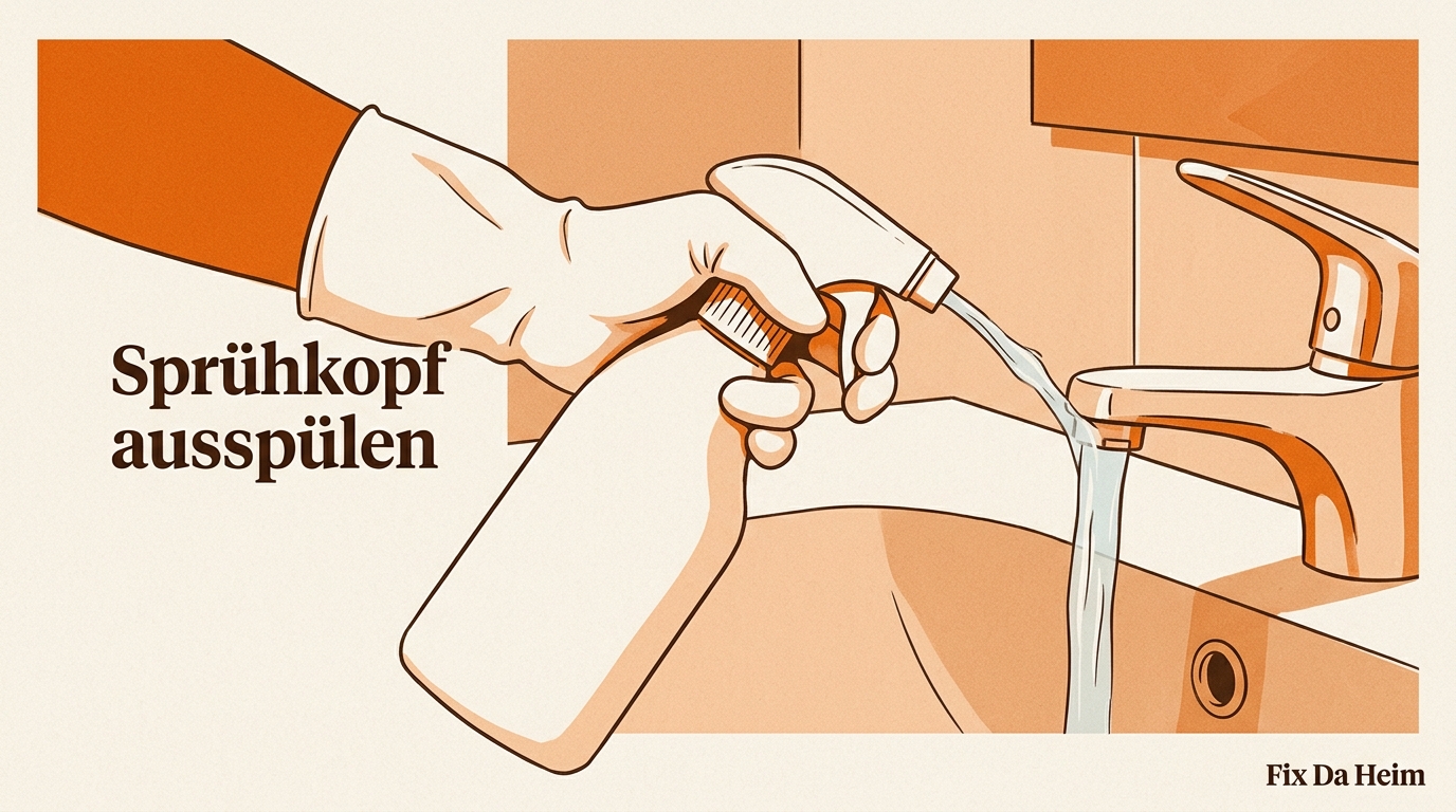 Schimmelentferner Test 2026: Welches Mittel wirklich wirkt 7 Sprühkopf von Schimmelentferner-Flasche unter fließendem Wasser ausspülen