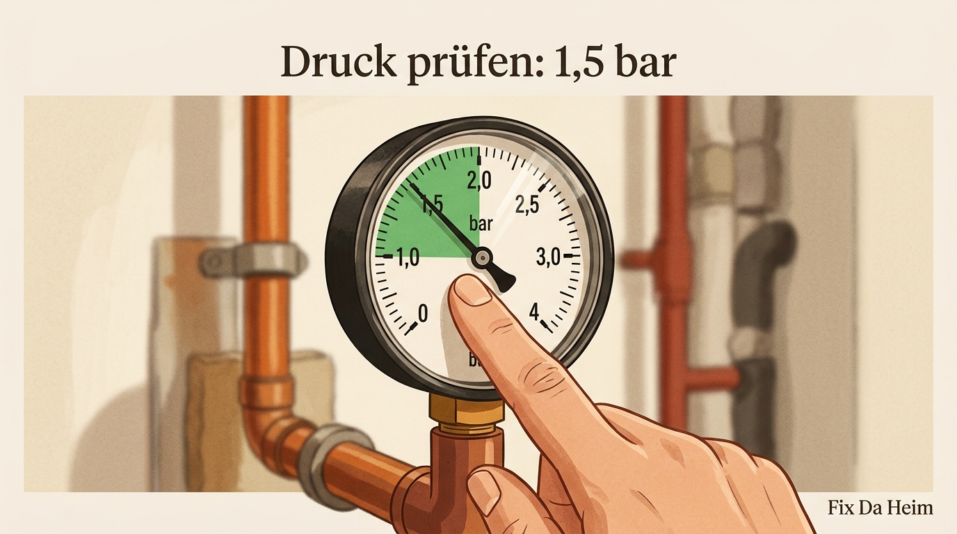 Fußbodenheizung entlüften: Schritt-für-Schritt-Anleitung 12 Manometer zeigt 1,5 bar, Finger zeigt auf Anzeige — Fußbodenheizung entlüften Schritt 6