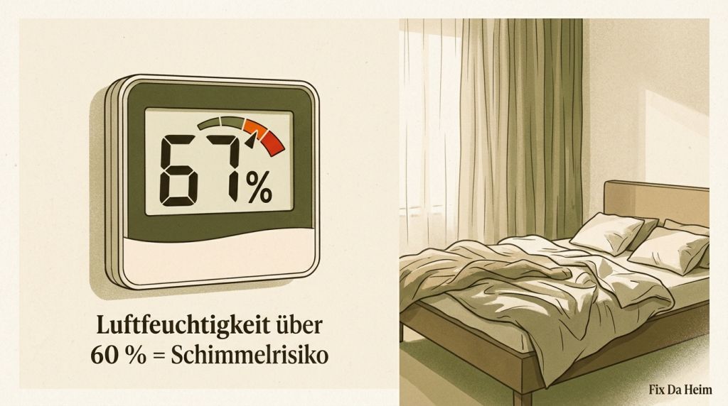 Hygrometer zeigt Luftfeuchtigkeit über 65 % an — Warnsignal für Schimmelgefahr in der Wohnung