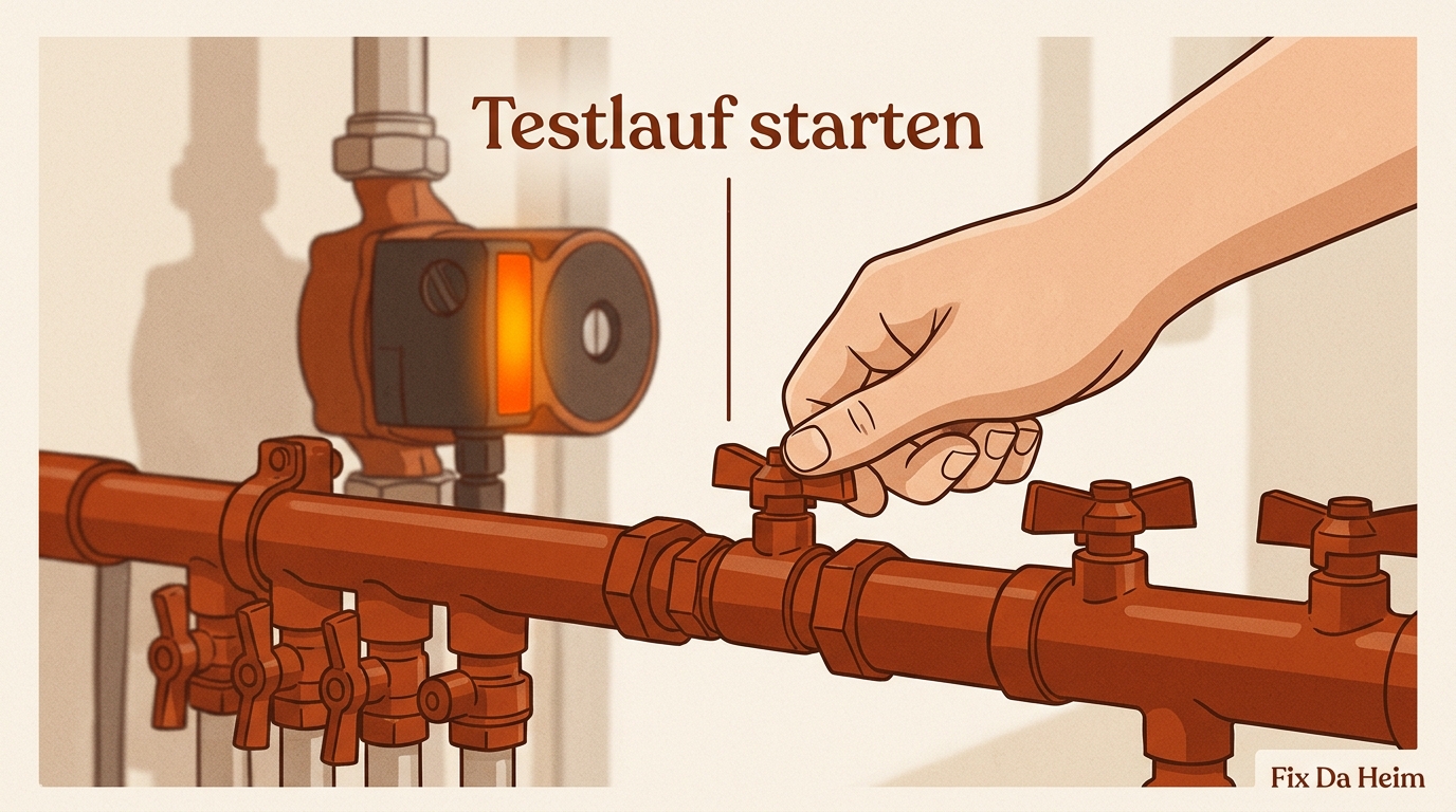 Fußbodenheizung entlüften: Schritt-für-Schritt-Anleitung 13 Heizkreisverteiler mit allen geöffneten Ventilen, Pumpe läuft — Fußbodenheizung entlüften Schritt 7