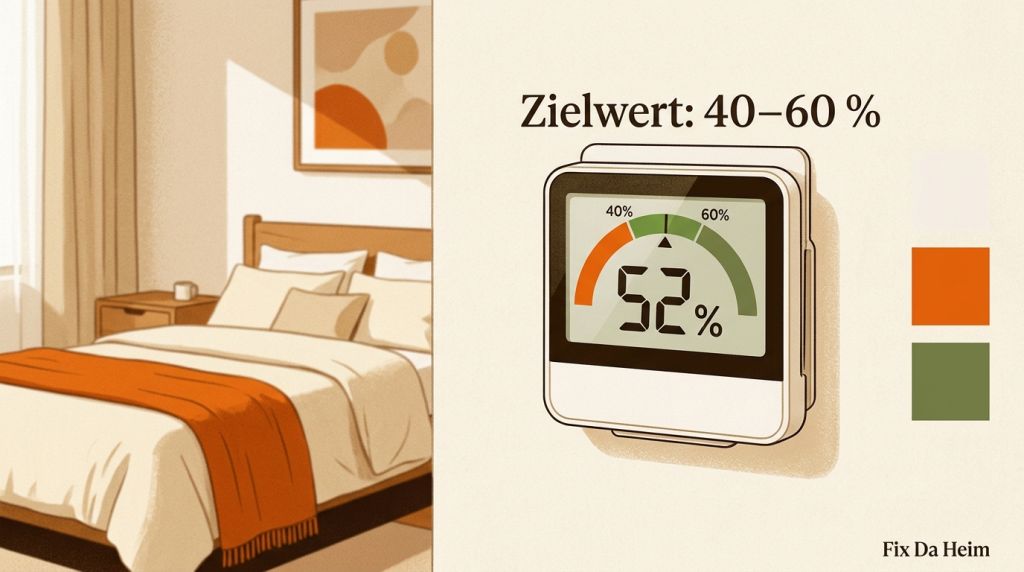 Schimmel in der Wohnung: Ursachen, Risiken & Entfernen (2026) 9 Digitales Hygrometer an Wand im Schlafzimmer zeigt Luftfeuchtigkeit zur Schimmelvorbeugung"