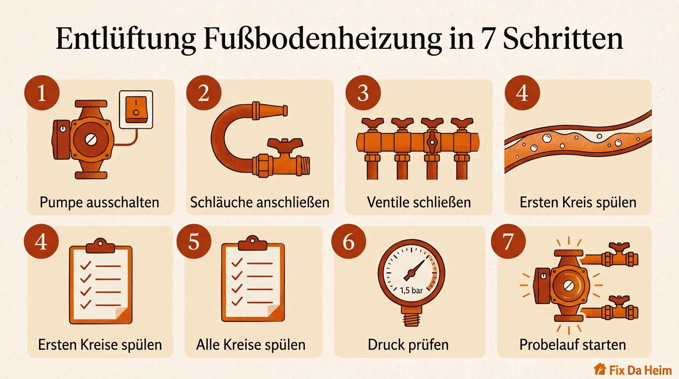 Fußbodenheizung entlüften: Schritt-für-Schritt-Anleitung 16 Infografik: Fußbodenheizung entlüften – Schritt-für-Schritt-Anleitung von Schritt 1 bis 7