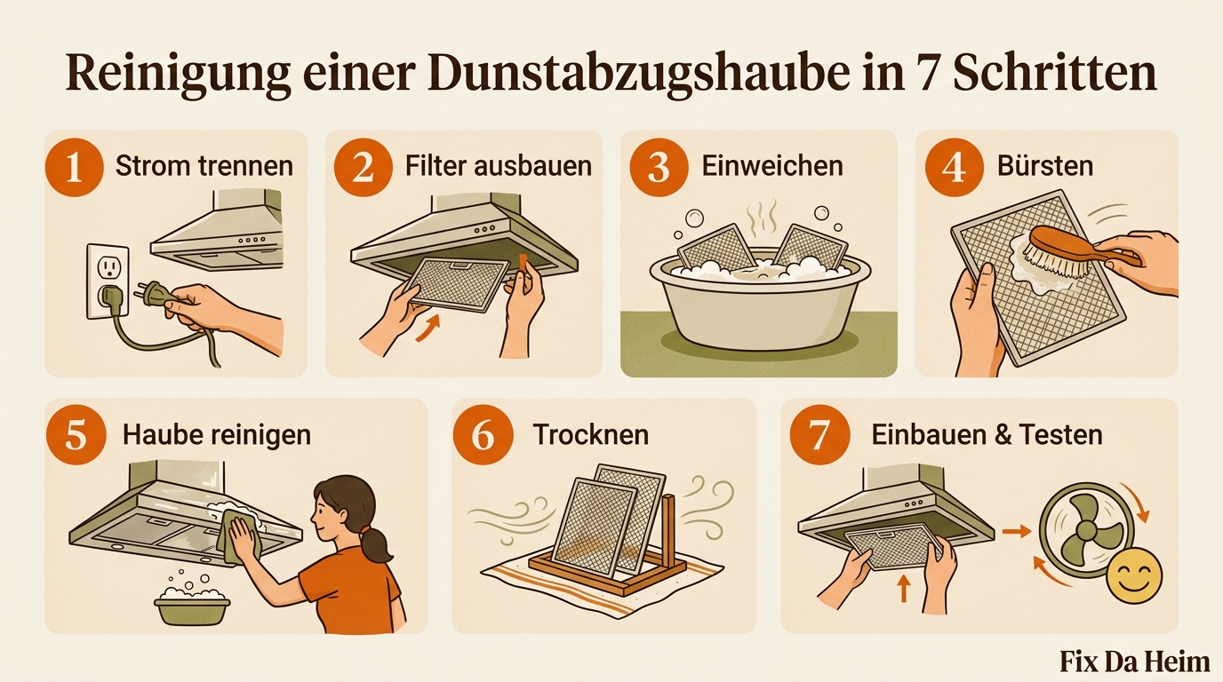 Dunstabzugshaube reinigen: Schritt-für-Schritt-Anleitung (2026) 15 Dunstabzugshaube reinigen – Infografik alle Schritte