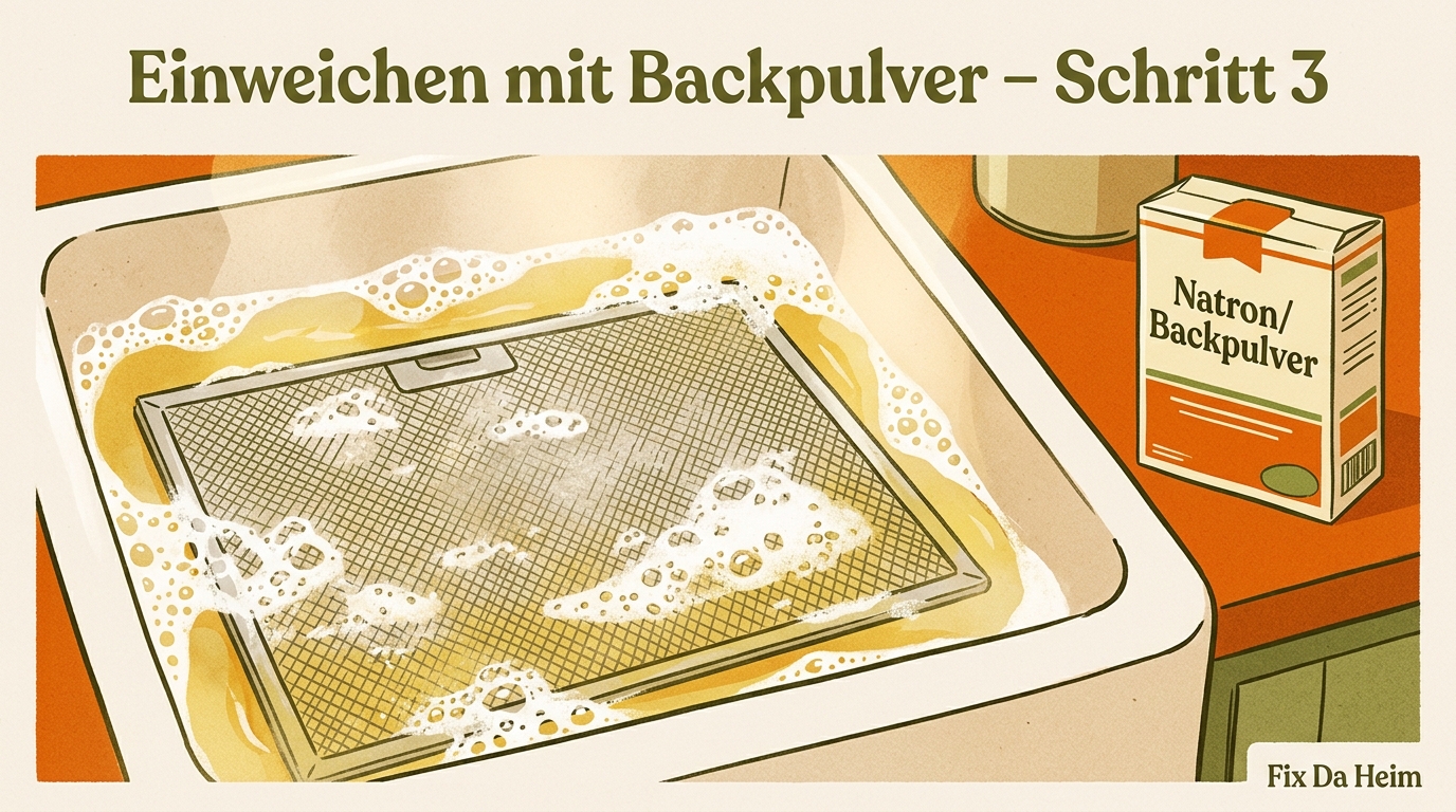 Dunstabzugshaube reinigen: Schritt-für-Schritt-Anleitung (2026) 6 Fettfilter einweichen – Backpulver-Bad nach Verschmutzungsgrad