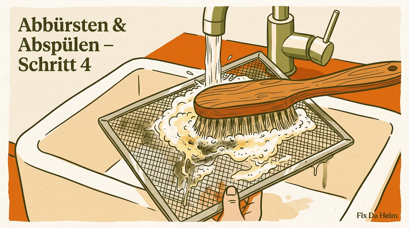 Dunstabzugshaube reinigen: Schritt-für-Schritt-Anleitung (2026) 7 Fettfilter abbürsten – Lamellen von beiden Seiten unter heißem Wasser
