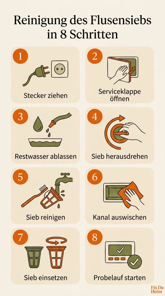 Waschmaschine Flusensieb reinigen – 10 Minuten, kein Techniker 10 Infografik Flusensieb Waschmaschine reinigen in 8 Schritten