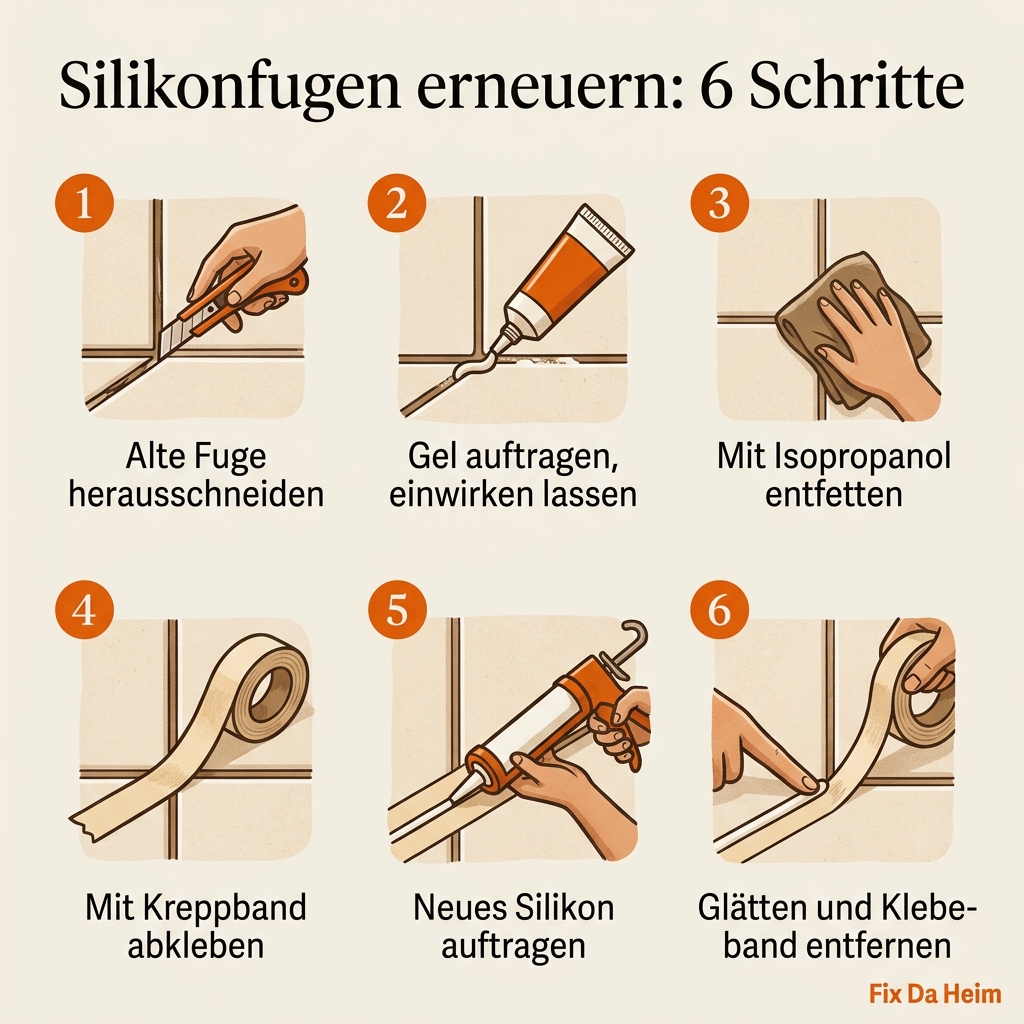 Schimmel auf Silikon entfernen – Reinigen oder erneuern? 28 Infografik: Silikonfuge erneuern – Schritt-für-Schritt-Anleitung von alt bis neu