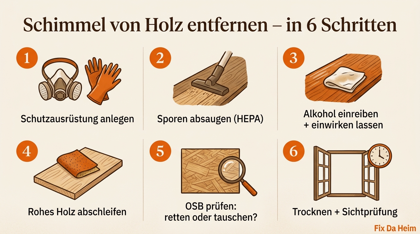 Schimmel auf Holz entfernen: Anleitung + Mittelvergleich (2026) 8 Infografik: Schimmel auf Holz entfernen – alle 6 Aktionsschritte im Überblick
