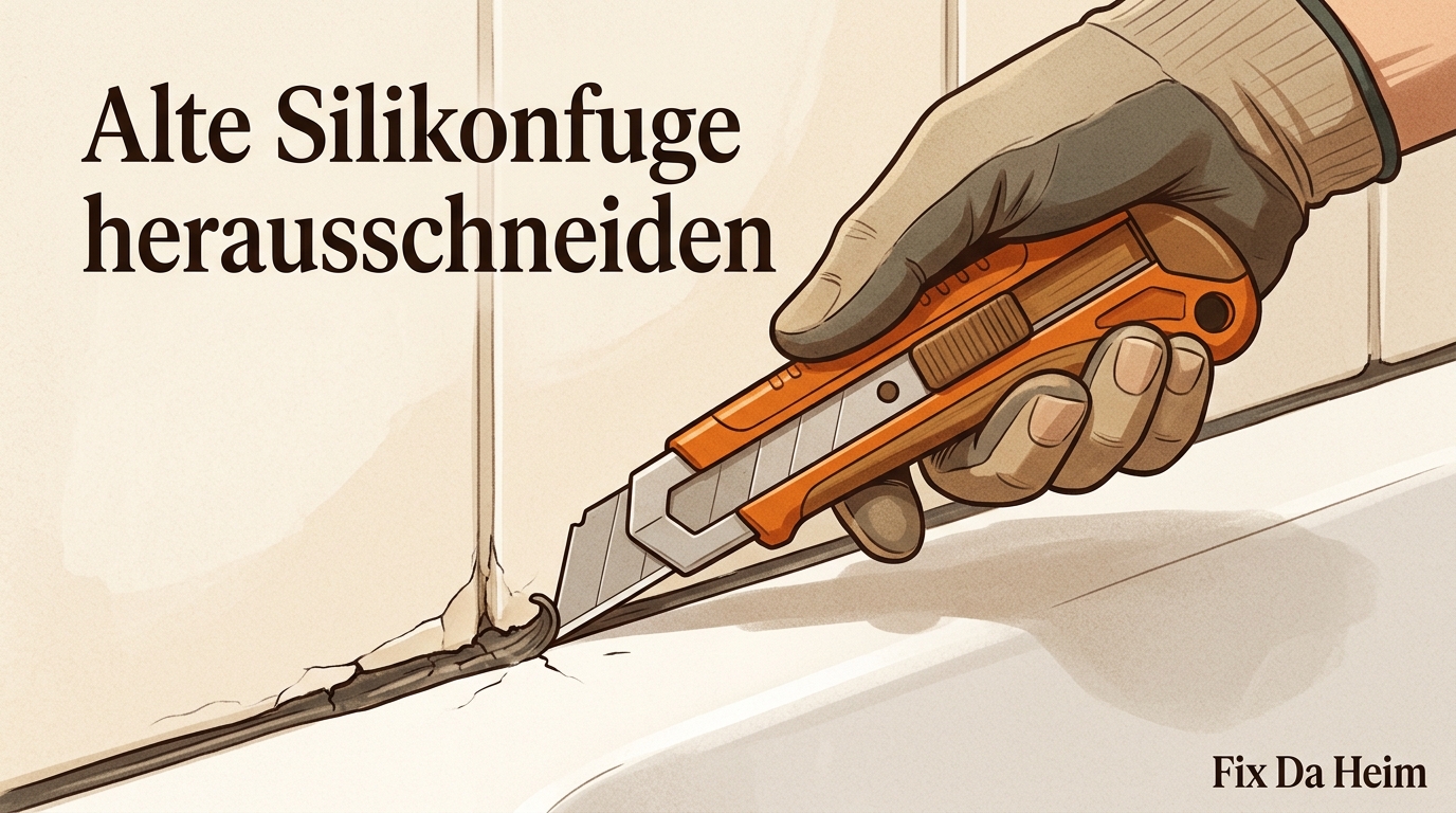 Schimmel auf Silikon entfernen – Reinigen oder erneuern? 21 Cutter-Messer schneidet Silikonfuge aus, Nahaufnahme Duschwannenrand