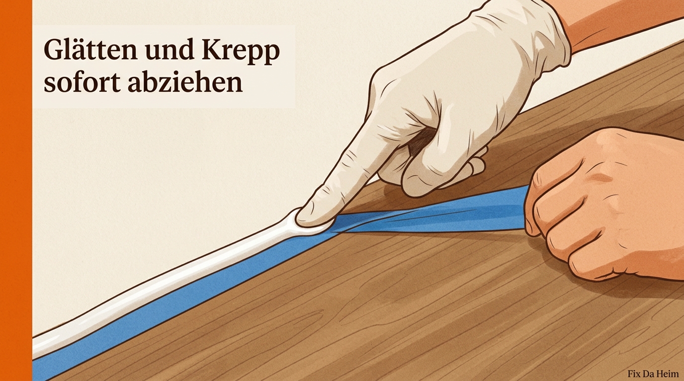 Schimmel auf Silikon entfernen – Reinigen oder erneuern? 27 Feuchter Finger gleitet über frische Silikonfuge, Malerkrepp wird abgezogen