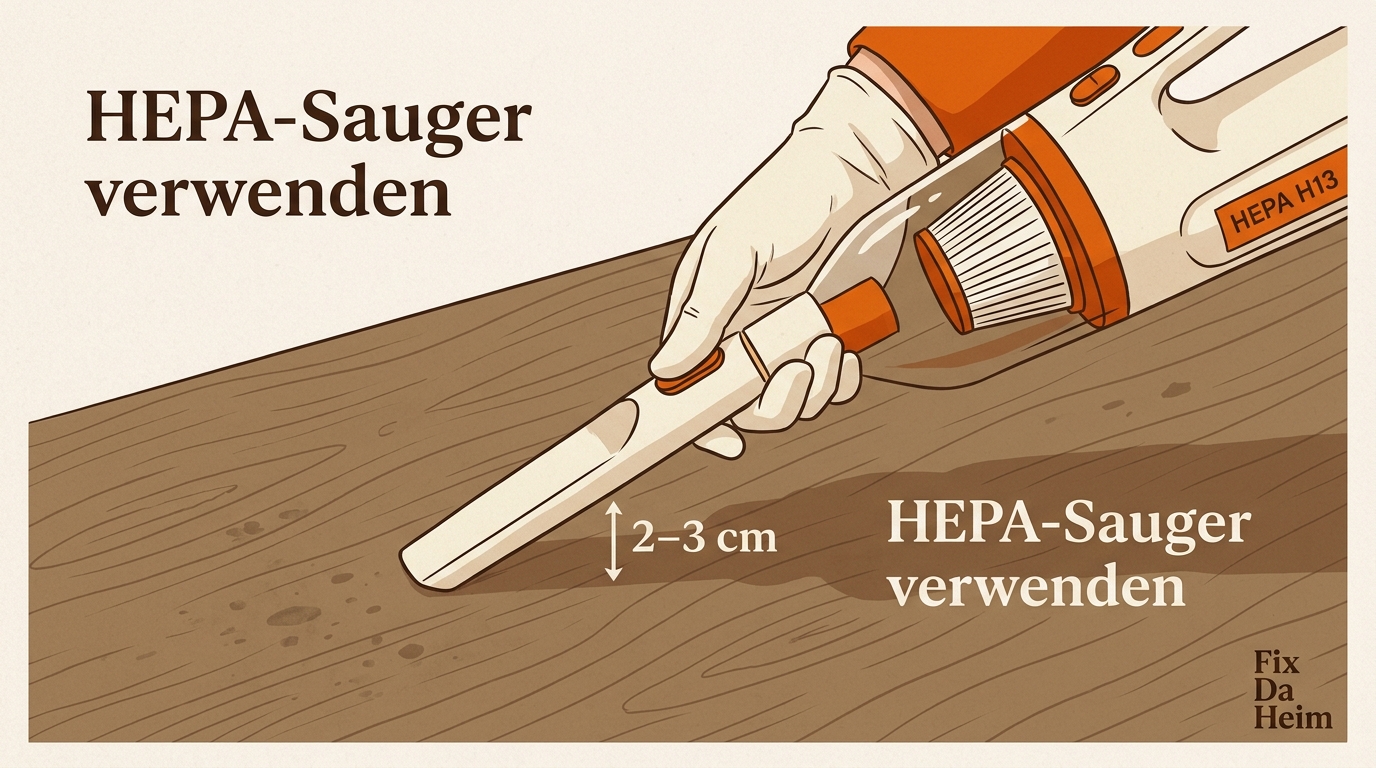 Schimmel auf Holz entfernen: Anleitung + Mittelvergleich (2026) 3 HEPA-Sauger mit Düse an schimmelbefleckter Holzfläche vor der Behandlung