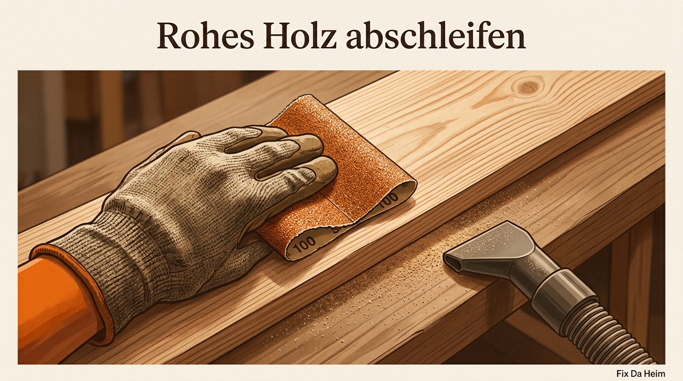 Schimmel auf Holz entfernen: Anleitung + Mittelvergleich (2026) 5 Schleifpapier wird auf rohes Holz angesetzt neben einer behandelten Schimmelstelle