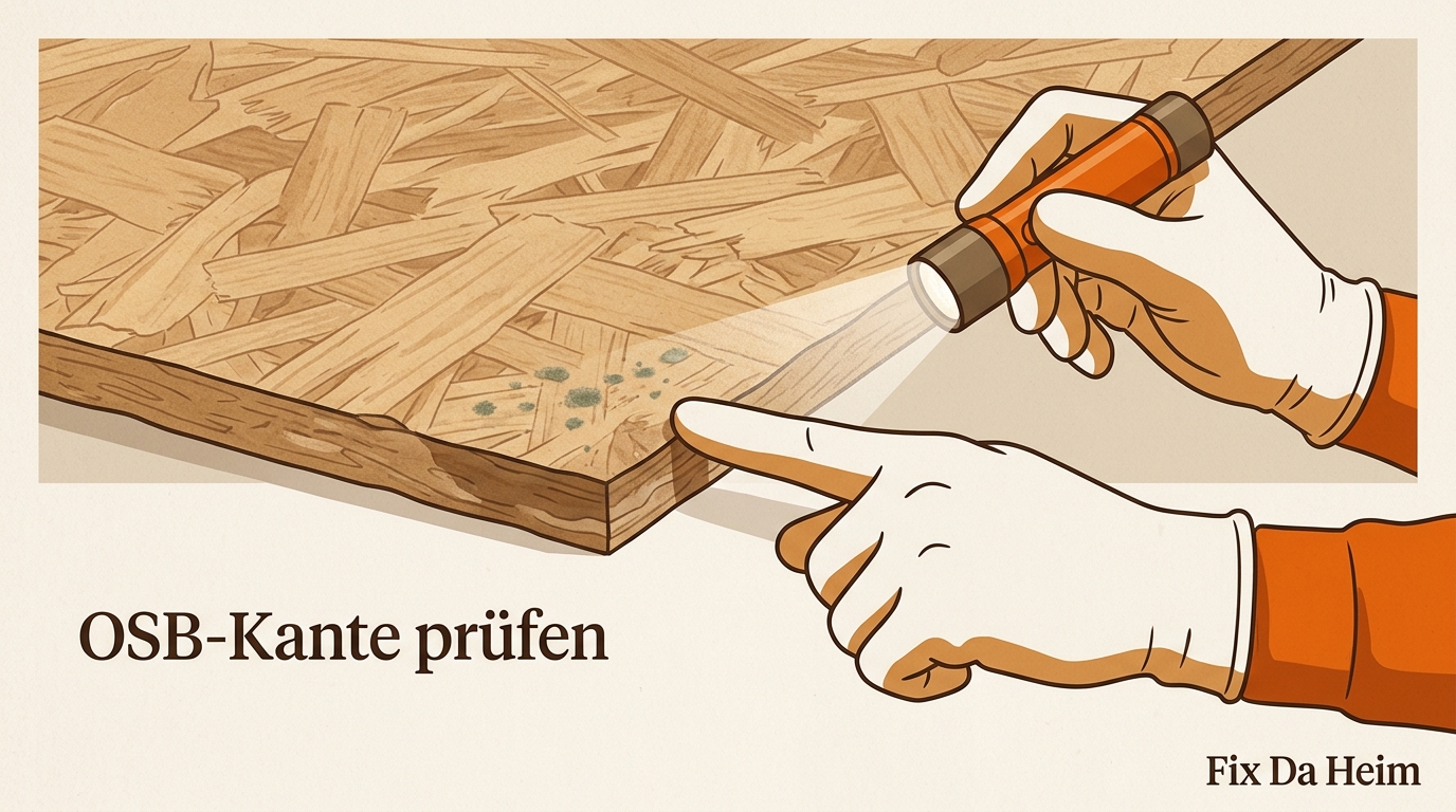 Schimmel auf Holz entfernen: Anleitung + Mittelvergleich (2026) 6 OSB-Platte mit grünlichen Schimmelflecken an der Kante im Keller