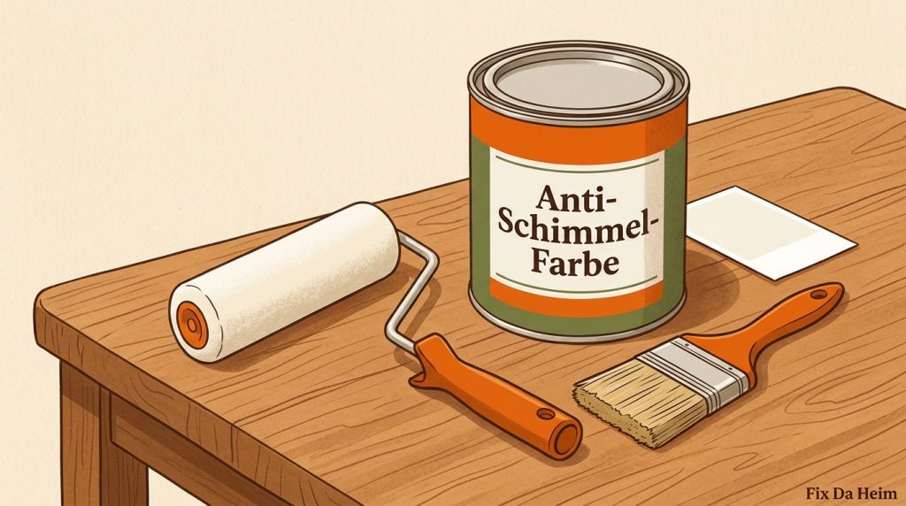 Anti-Schimmel-Farbe Dose neben Pinsel und Rolle auf Arbeitstisch
